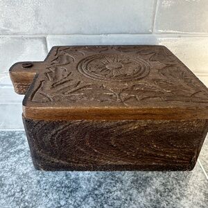 Vintage Hand-Carved Wooden Jewelry Box | 5x5 Swing-Out Lid 4 Compartments